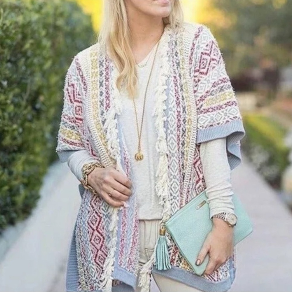 CAbi Fringe Knit Poncho Style Sweater